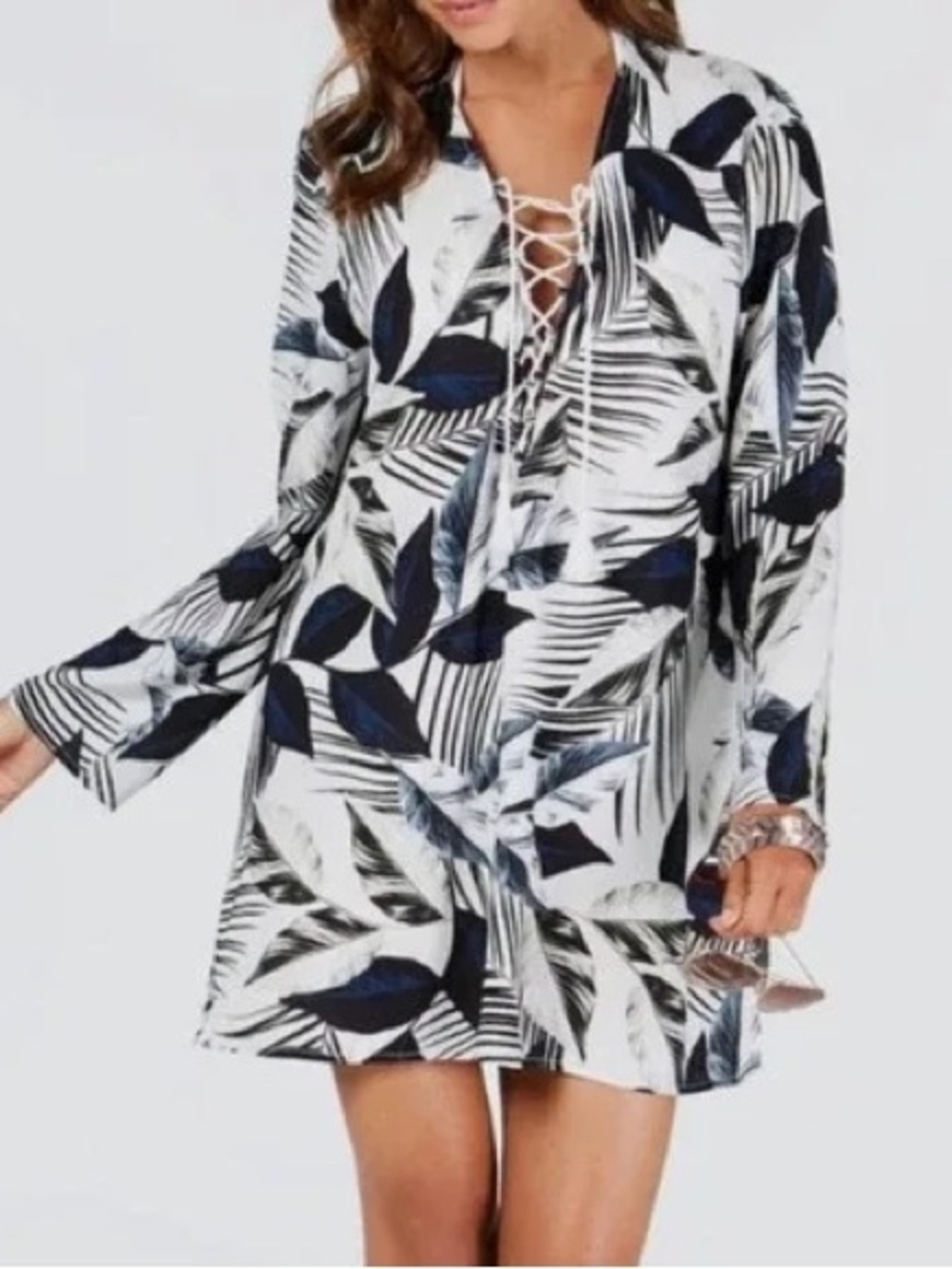 La Blanca Moment of Zen Tropical Leaf Lace-Up Tunic Cover Up XS NWT